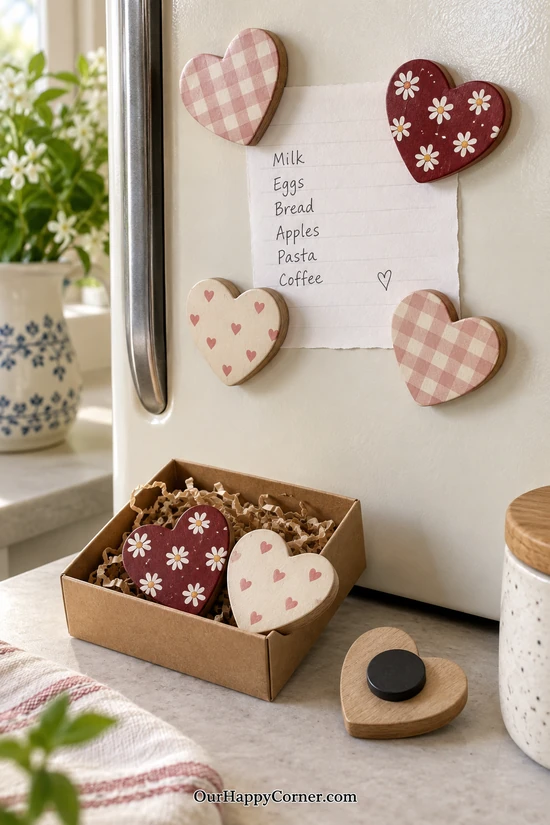 Pink gingham, burgundy floral, and ivory heart-patterned wooden refrigerator magnets