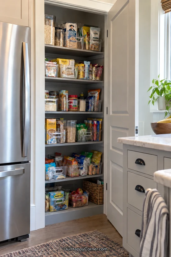 Kitchen organization with clear pantry bins for packaged foods