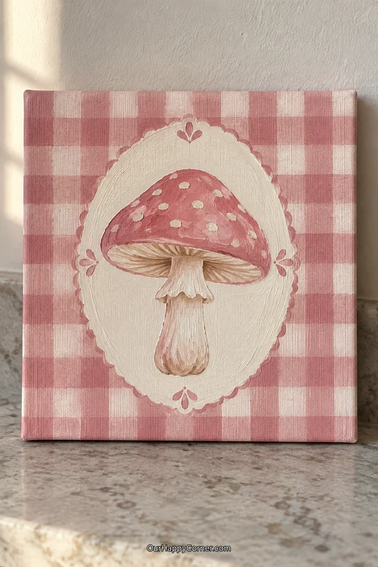 Mushroom painting ideas featuring a rose mushroom inside an oval on pink gingham