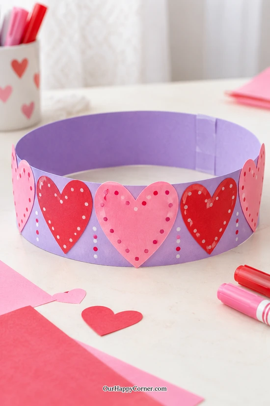 Purple paper Valentine crown with pink and red hearts
