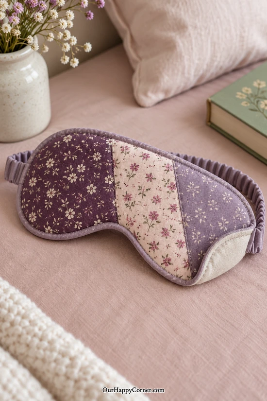 Plum, blush, and lavender patchwork sleep mask with a fabric-covered elastic strap