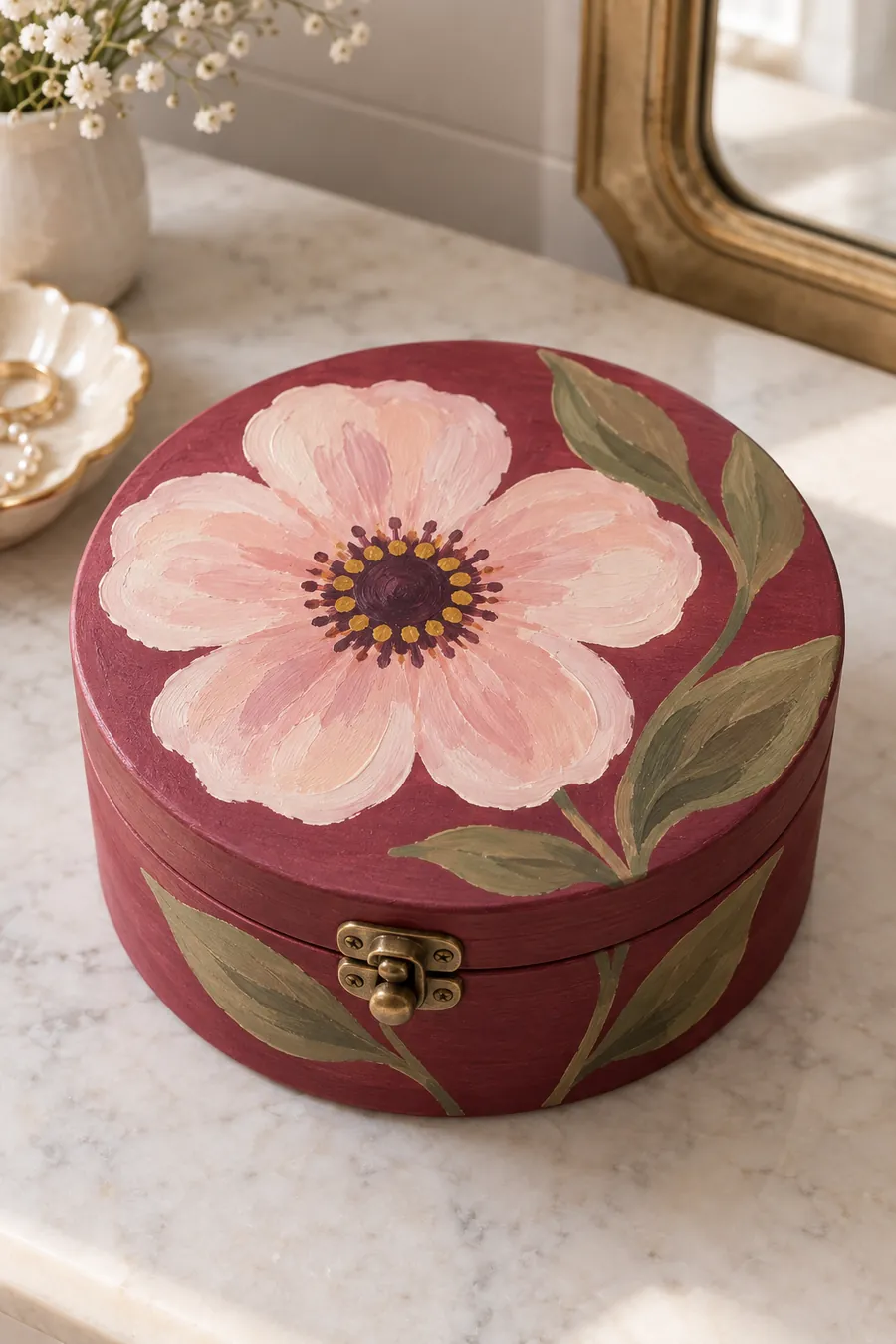 Deep rose box with one large pink poppy