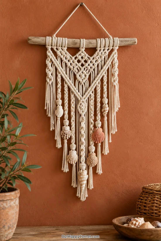Seashell crafts for adults featuring macramé wall hanging with shells