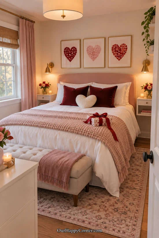 Compact bedroom with blush accents, heart art, and a ribboned gift