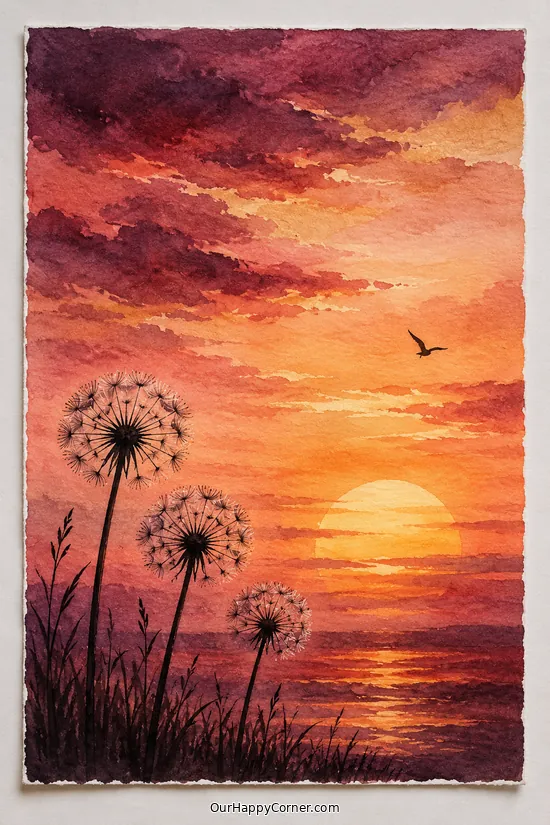 Sunset painting ideas featuring watercolor sunset with dandelion silhouettes