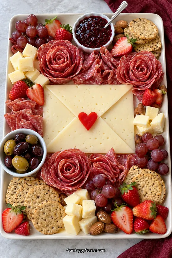 Valentine’s charcuterie board with a cheese envelope, pepper heart, salami roses, fruit, and crackers