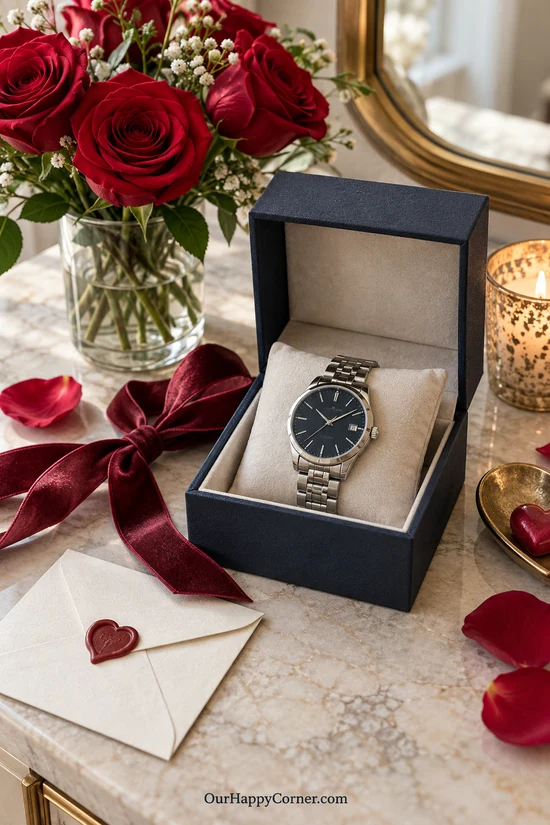 Silver wristwatch displayed in a navy presentation box
