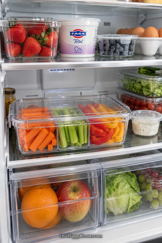 Fridge organization ideas with a divided container of carrot, celery, and pepper sticks