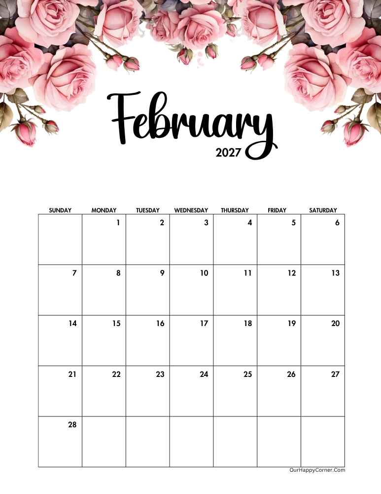 Floral pink roses February 2027 calendar printable