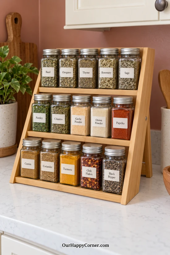 Three-tier bamboo spice stand with labeled glass jars on a white kitchen counter
