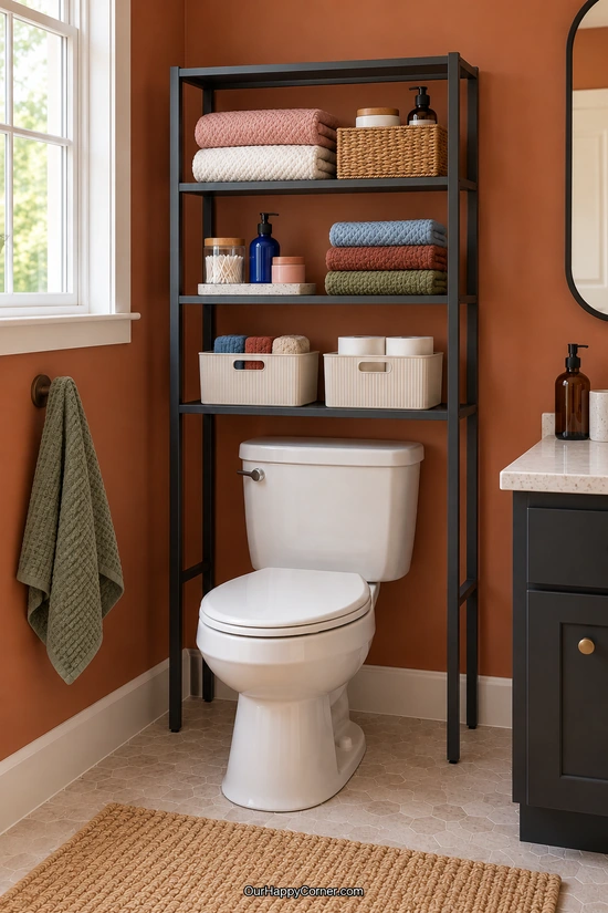 A charcoal over-toilet unit stores mixed towels and small baskets