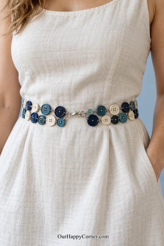 Button-only chain belt worn around an ivory dress