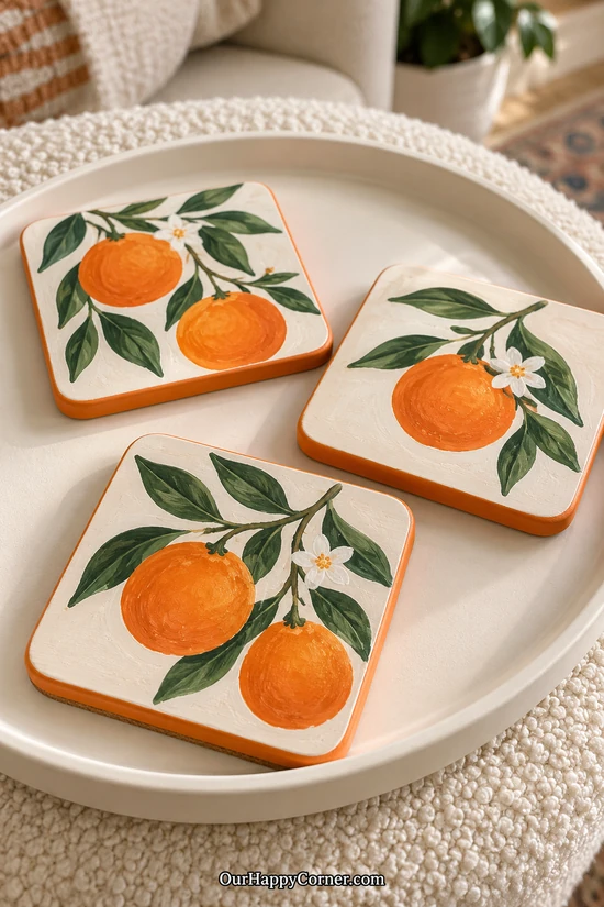Ivory square coasters painted with oranges, green leaves, and white blossoms