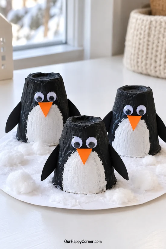 Three painted egg carton penguins on a snowy base