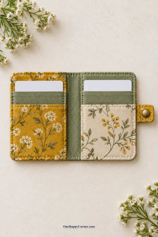 Open sage and mustard floral fabric card holder lying flat with two cards tucked inside
