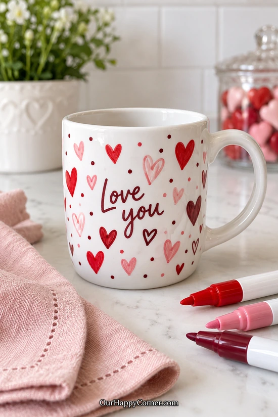 Hand-Decorated Valentine Mug in red and pink Valentine colors