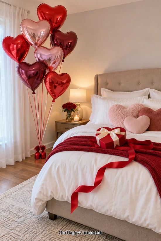 Valentine’s Day bedroom decorations with pink and red heart balloons