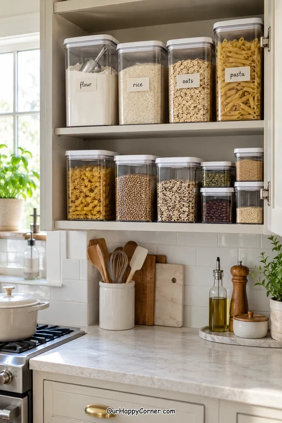 Dry pantry staples in labeled airtight storage containers
