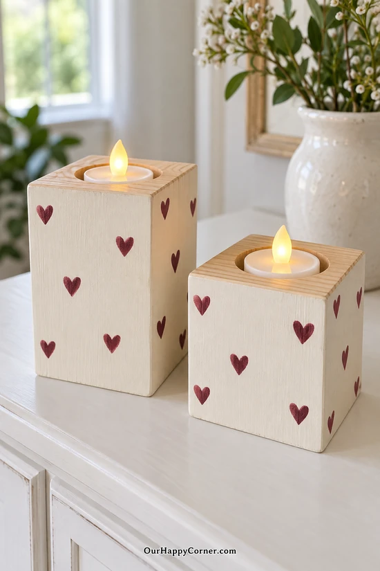 Ivory wooden blocks with burgundy hearts and recessed battery-operated LED tealights