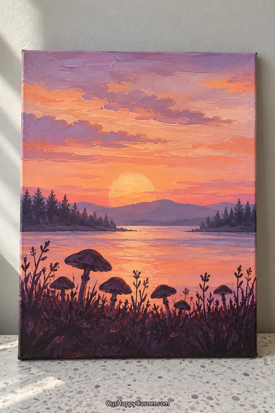 Dark mushroom silhouettes against a peach and lilac sunset