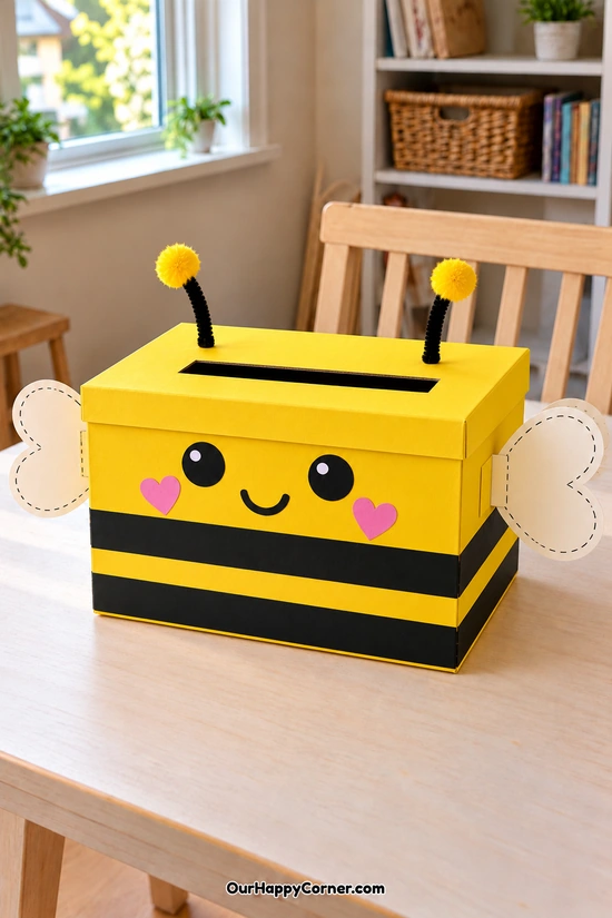 Rectangular yellow bee shoebox with black paper stripes
