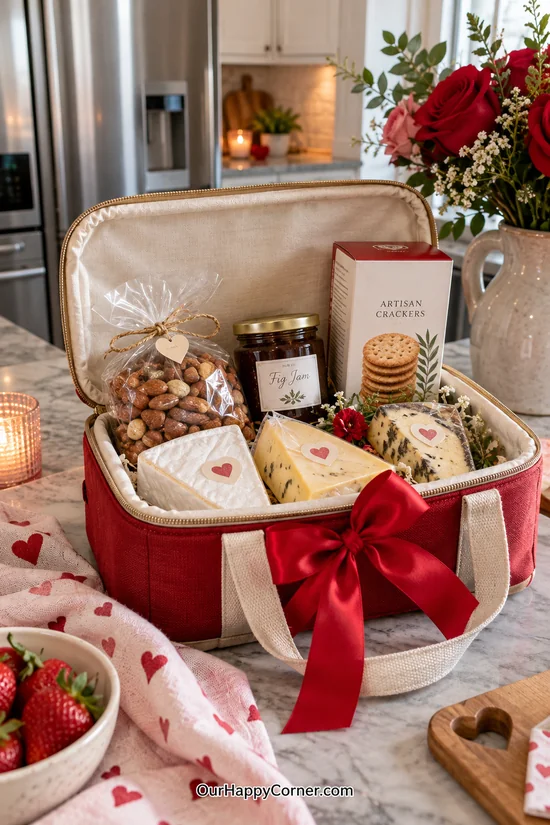 Cheese, crackers, fig jam, and nuts in an insulated gift tote