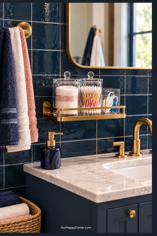 Bathroom organization with small lidded cotton jars on a brass shelf
