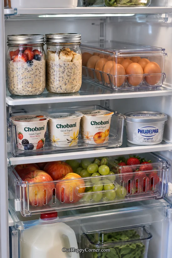 Breakfast refrigerator shelf with overnight oats, egg storage, and yogurt