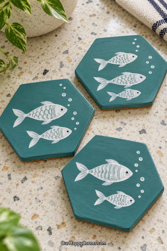 Fish coaster painting ideas featuring white silhouettes on teal hexagons