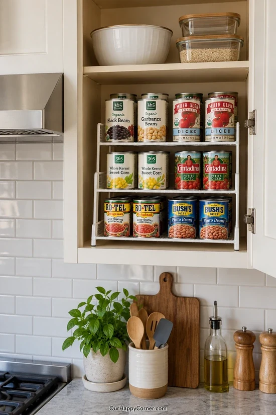 Canned foods organized on tiered cabinet risers