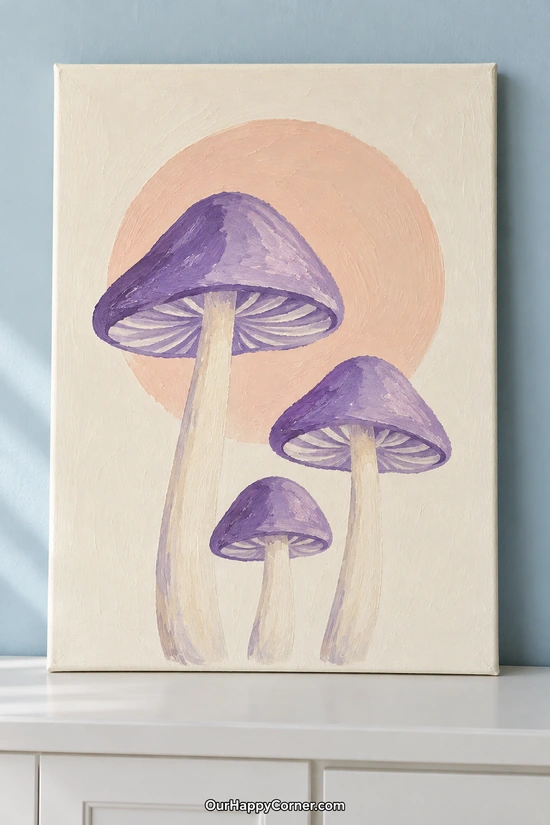 Mushroom painting ideas featuring three purple mushrooms in front of a peach circle