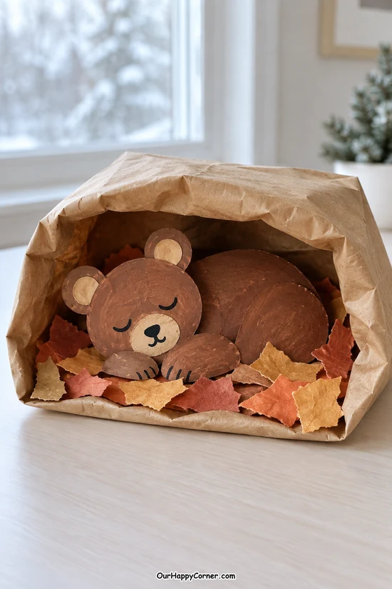 Sleeping paper bear tucked into a paper bag cave