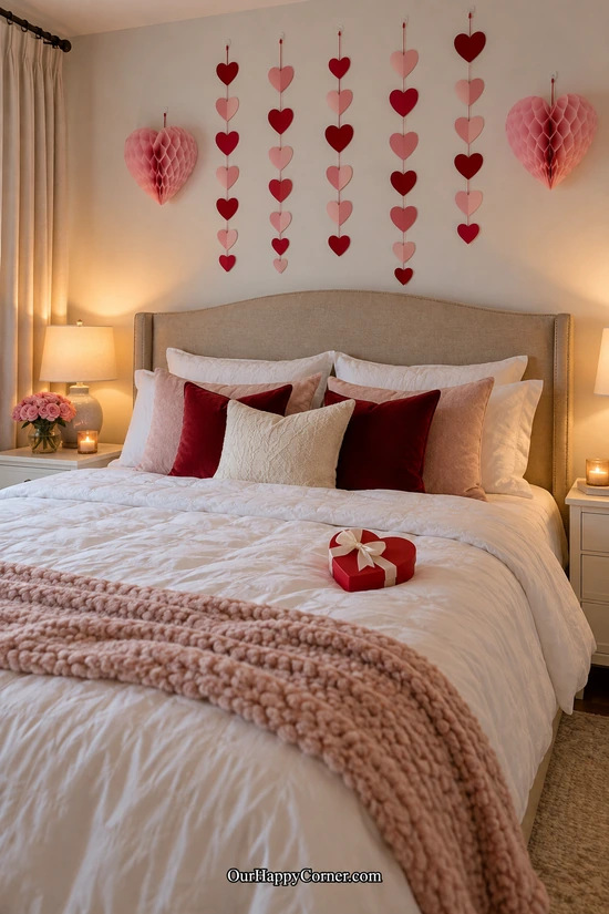 Hanging red and pink paper hearts above a neutral bedroom headboard