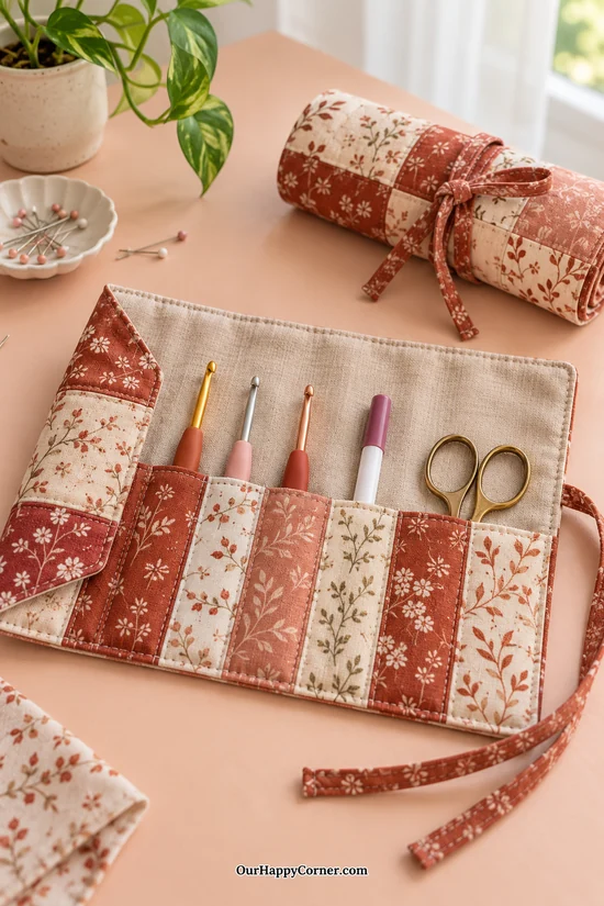 Terracotta and cream patchwork tool roll with stitched pockets for hooks, a marker, and scissors
