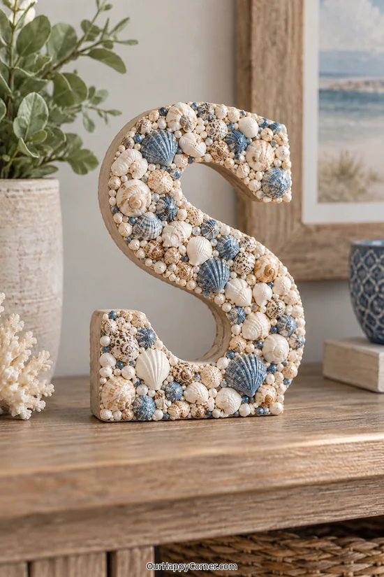 Seashell crafts for adults featuring shell-covered decorative initial