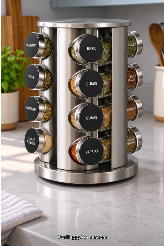 Stainless steel rotating spice carousel with jars filling the outward-facing holders