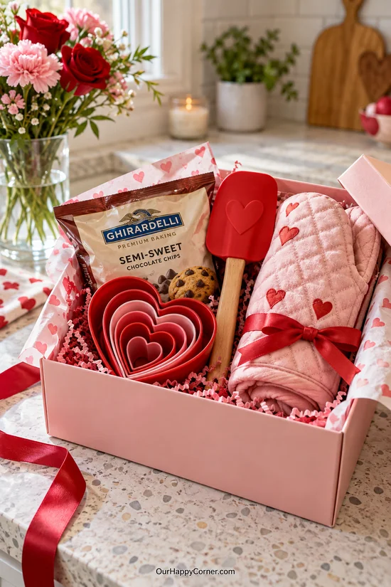 Baking gift box with heart cutters, an oven mitt, and chocolate chips