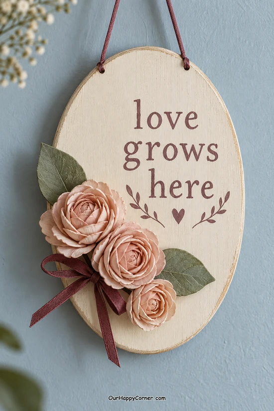 Oval ivory wood plaque with blush sola roses and Love Grows Here lettering