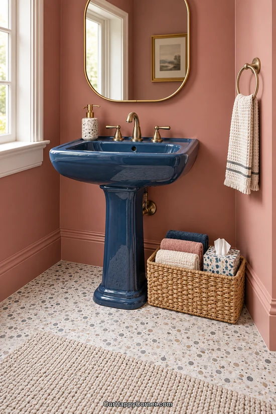A woven towel basket beside a blue pedestal sink against rose walls