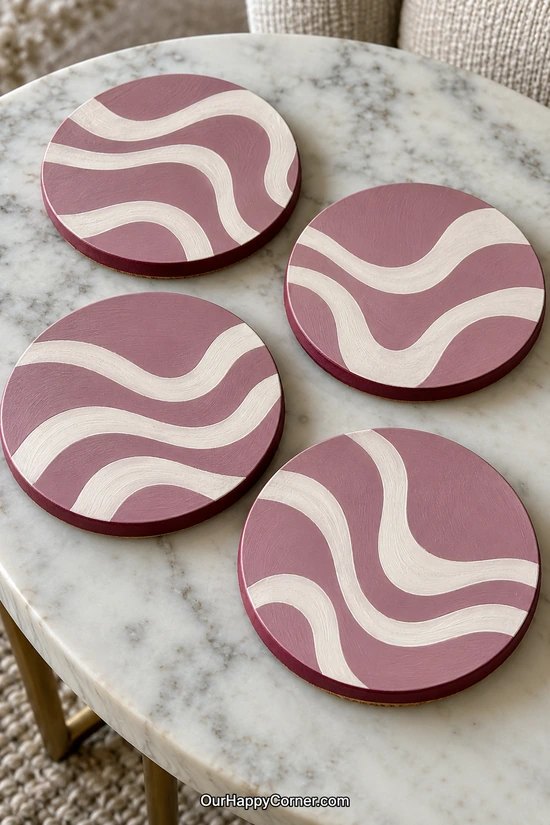 Mauve round coasters painted with broad flowing cream bands