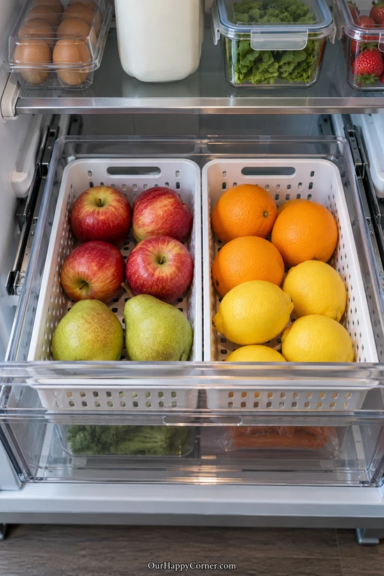 Two removable white baskets separating apples and pears from citrus