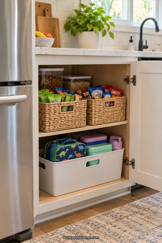 Packaged snacks grouped in accessible pantry baskets