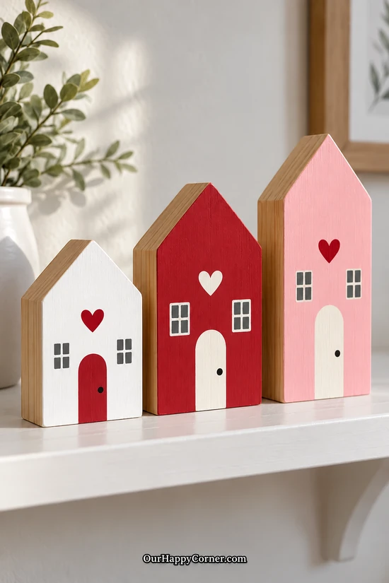 Three freestanding wooden houses with red, pink, and white fronts, painted windows, and contrasting hearts