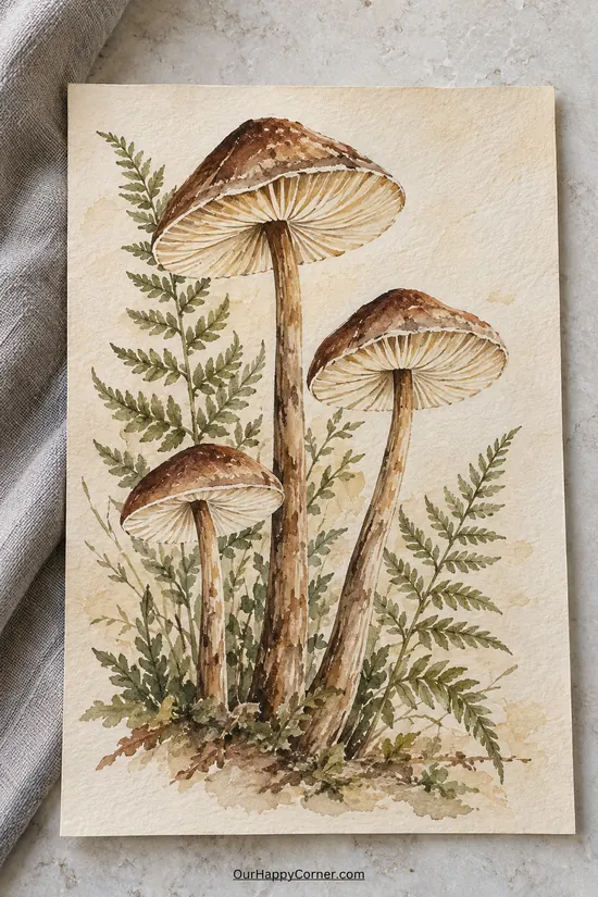 Slender brown mushrooms beside watercolor fern fronds