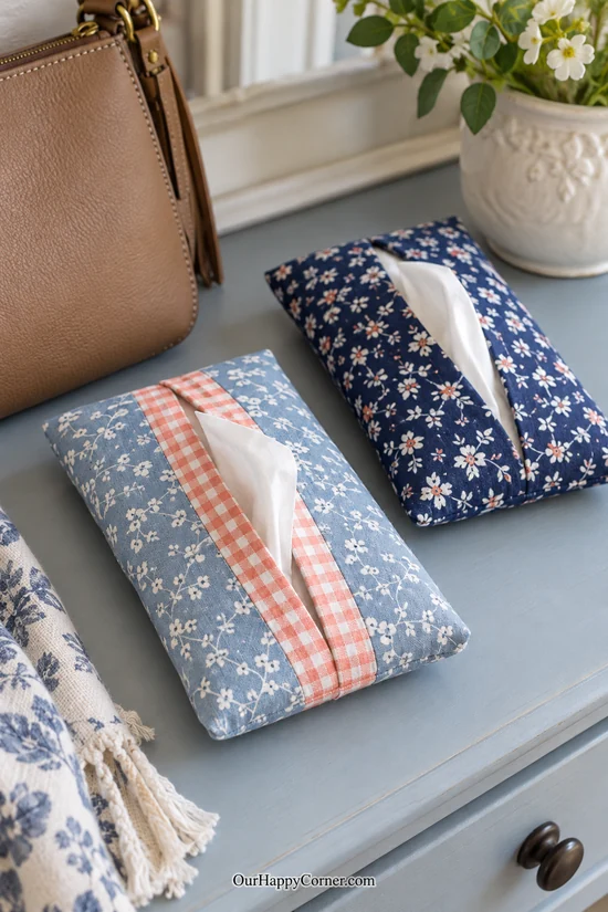 Blue floral and coral gingham pocket tissue holder beside a navy floral version