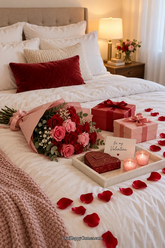 Rose bouquet, Valentine gifts, chocolates, and petals on white bedding