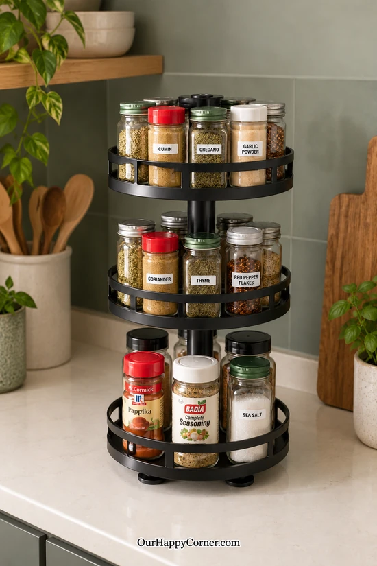 Black three-tier rotating spice organizer holding mixed store bottles and glass jars