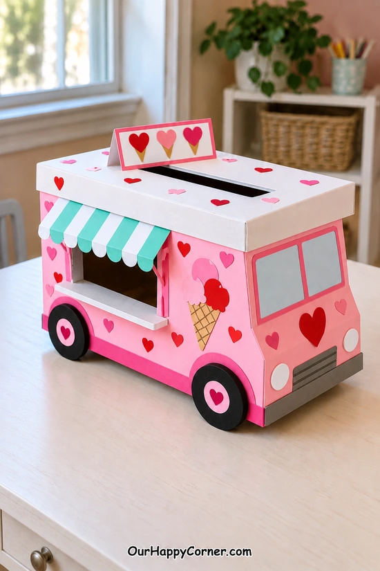 Pink ice cream truck box with a mint striped awning
