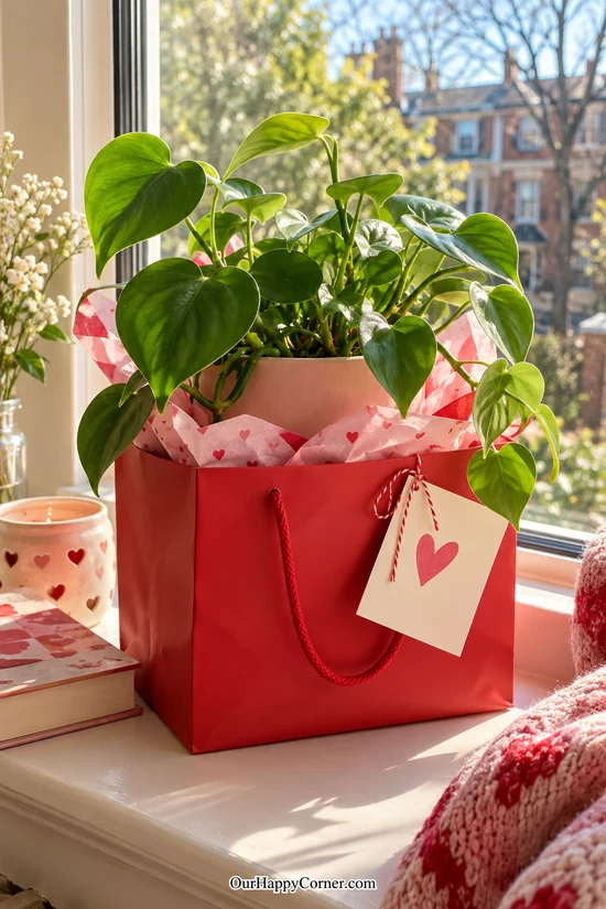 Heartleaf philodendron in a pink pot and red Valentine gift bag