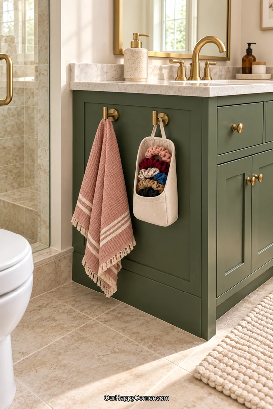 Bathroom organization with a coral towel and scrunchie pouch on vanity hooks